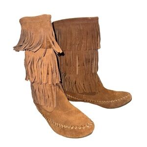 Women’s Fringe Moccasin Boots Size 6 Chestnut Brown Suede Leather Mid Calf